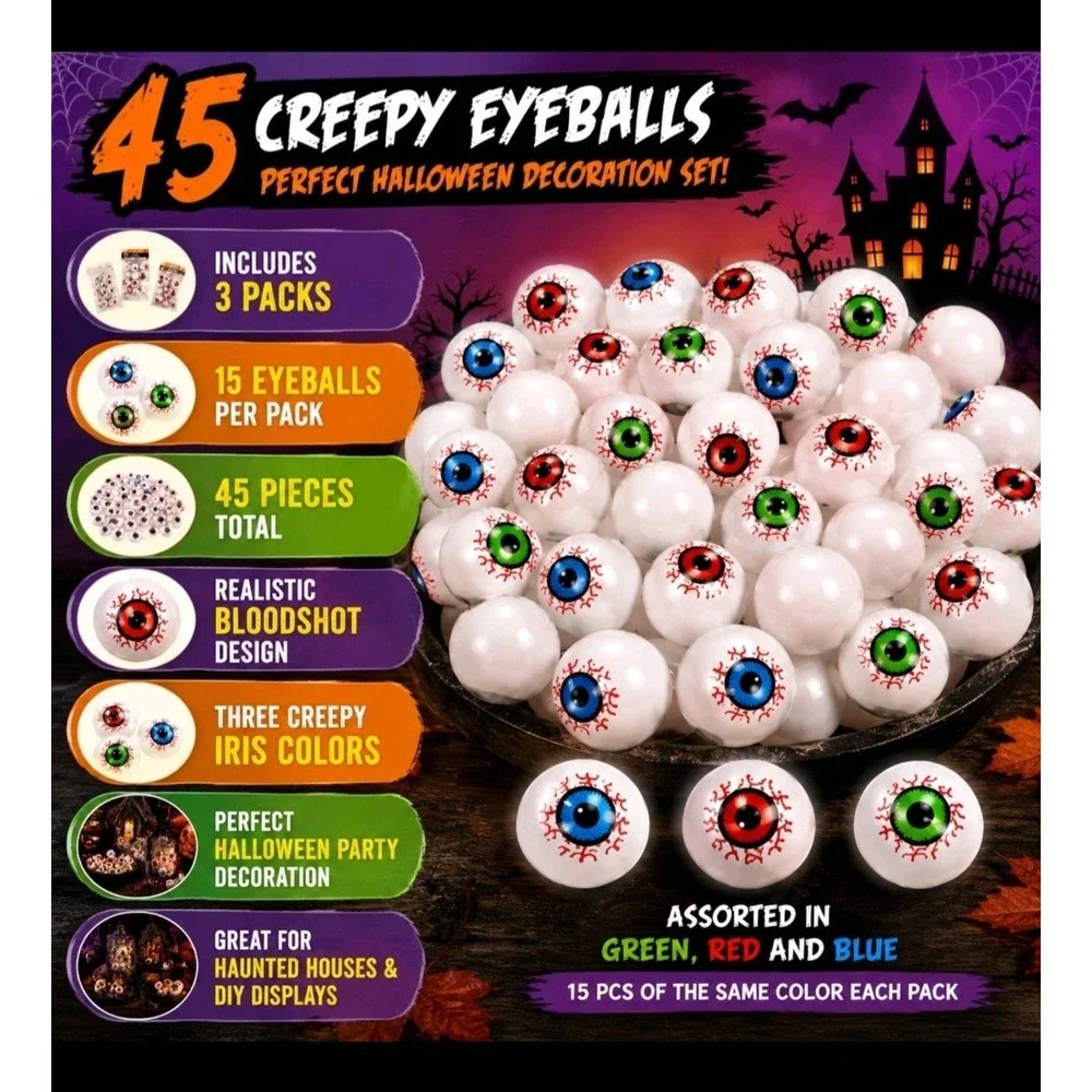 45 Halloween Eyeball Decorations Plastic Bloodshot Eyeballs Ping Pong Party Dec.